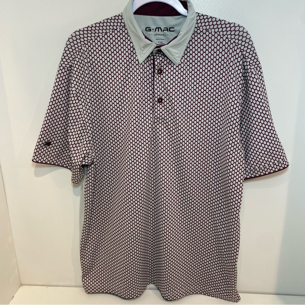 G MAC Cosmetics White and Red Polo Shirt with Geometric Pattern golf shirt